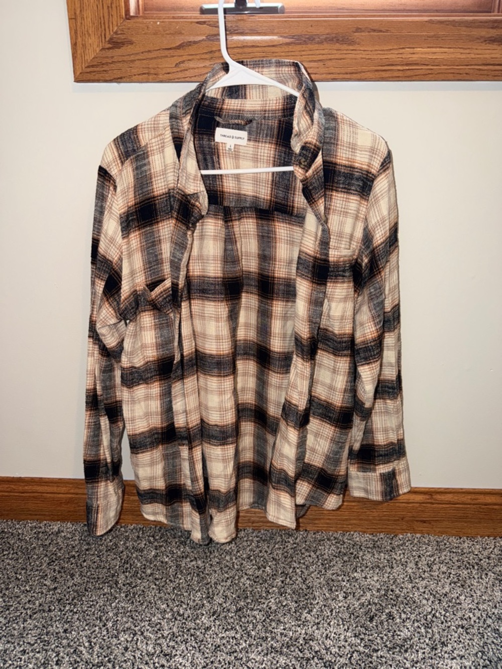 Thread & Supply Plaid Open-Front Jean Jacket in Beige and Black